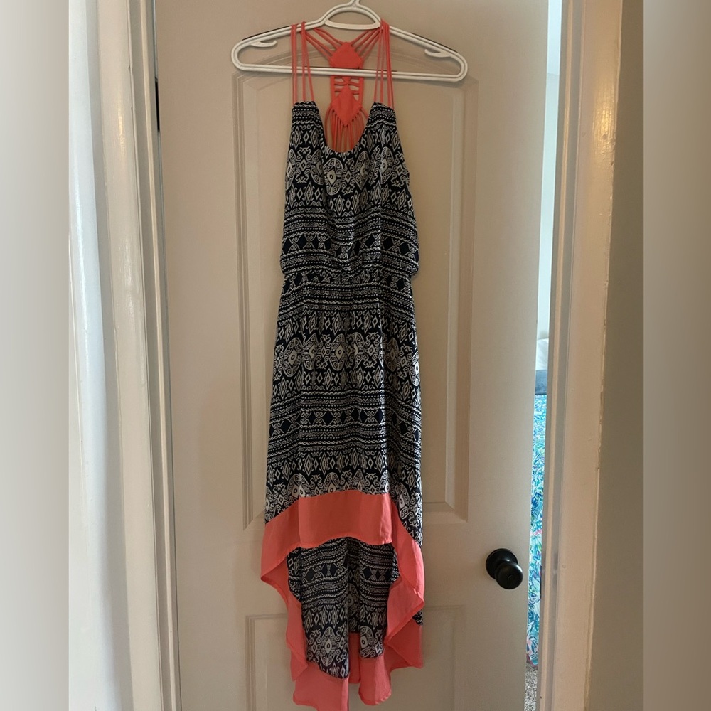 Umgee navy blue white coral  hi low maxi dress sundress size medium NWOT